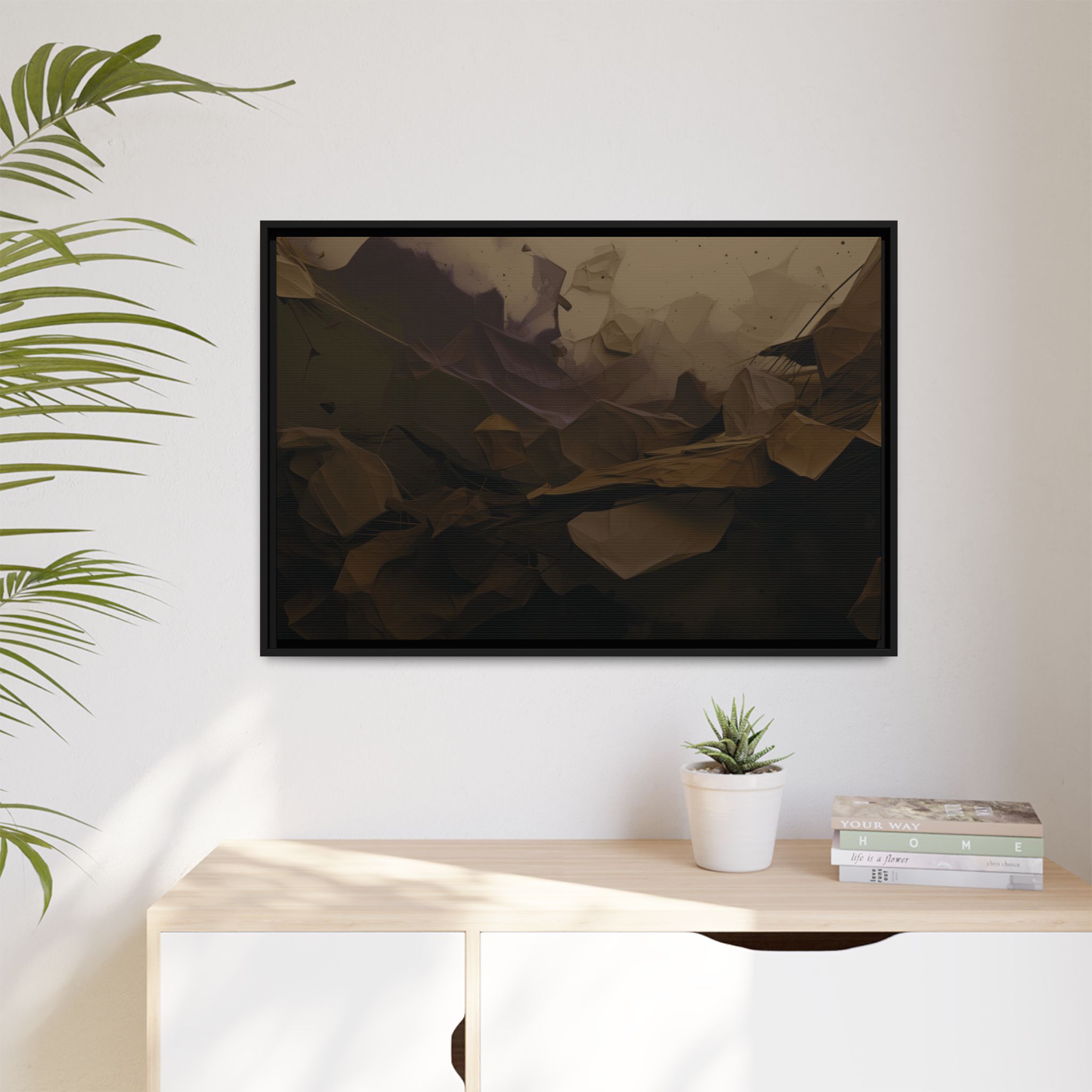 Polygon Thoughts (v0 Dark) - Framed Matt Canvas (Black, White, Brown,) - Image 3