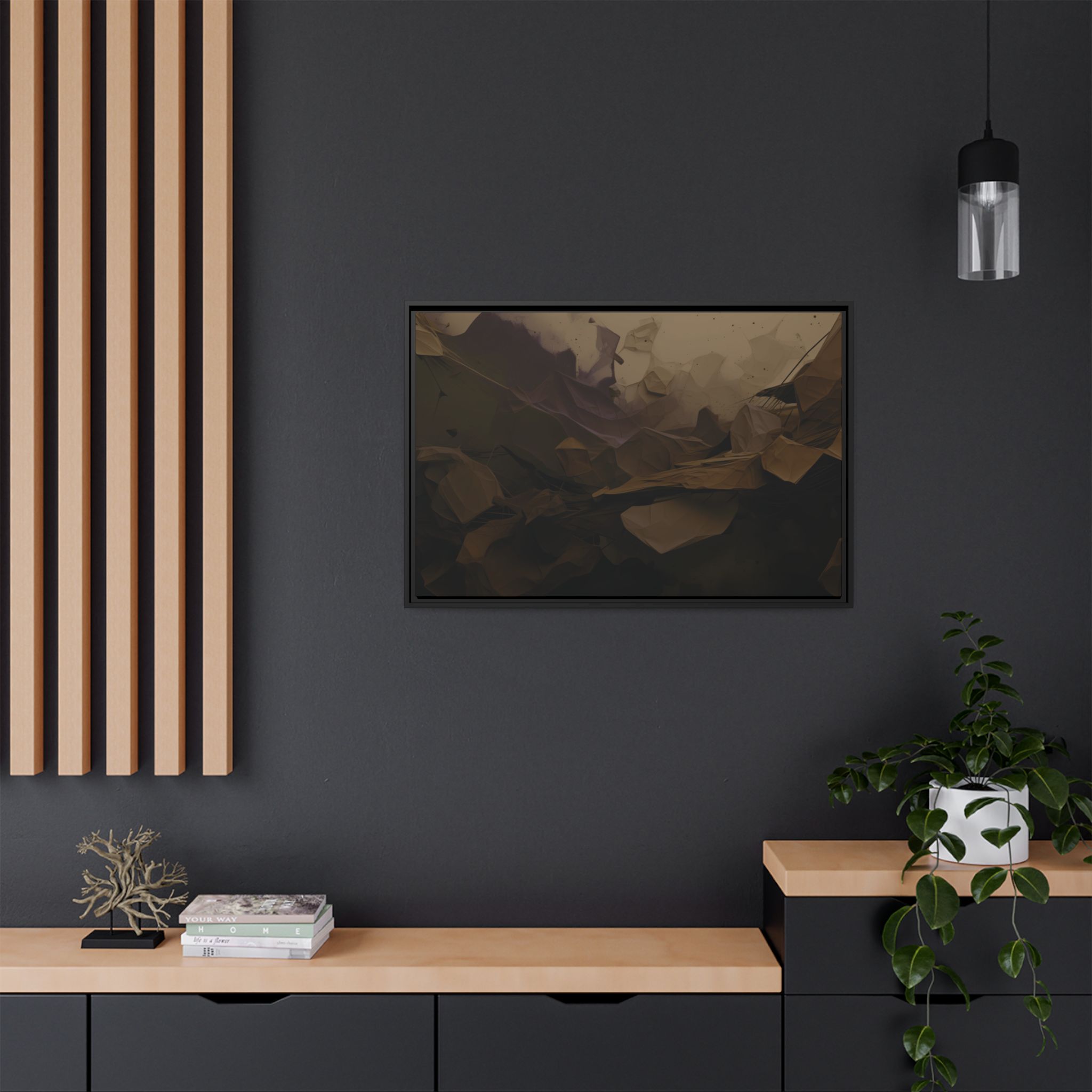 Polygon Thoughts (v0 Dark) - Framed Matt Canvas (Black, White, Brown,) - Image 4