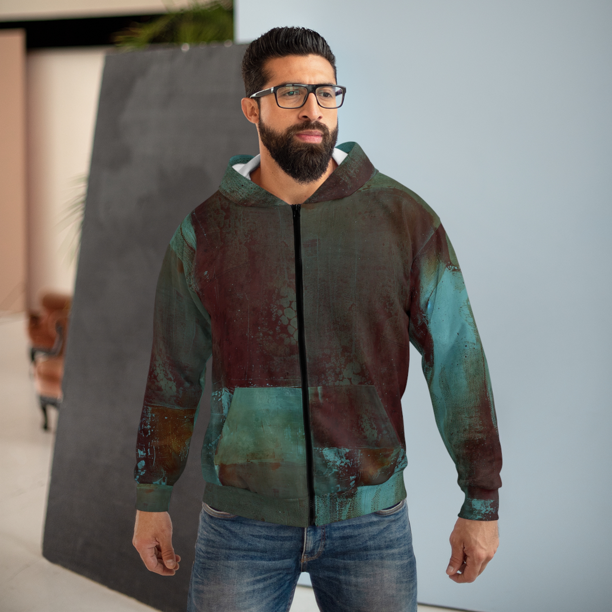 Unisex Sci-Fi Zip Hoodie - Rugged Blue Artwork - Image 3